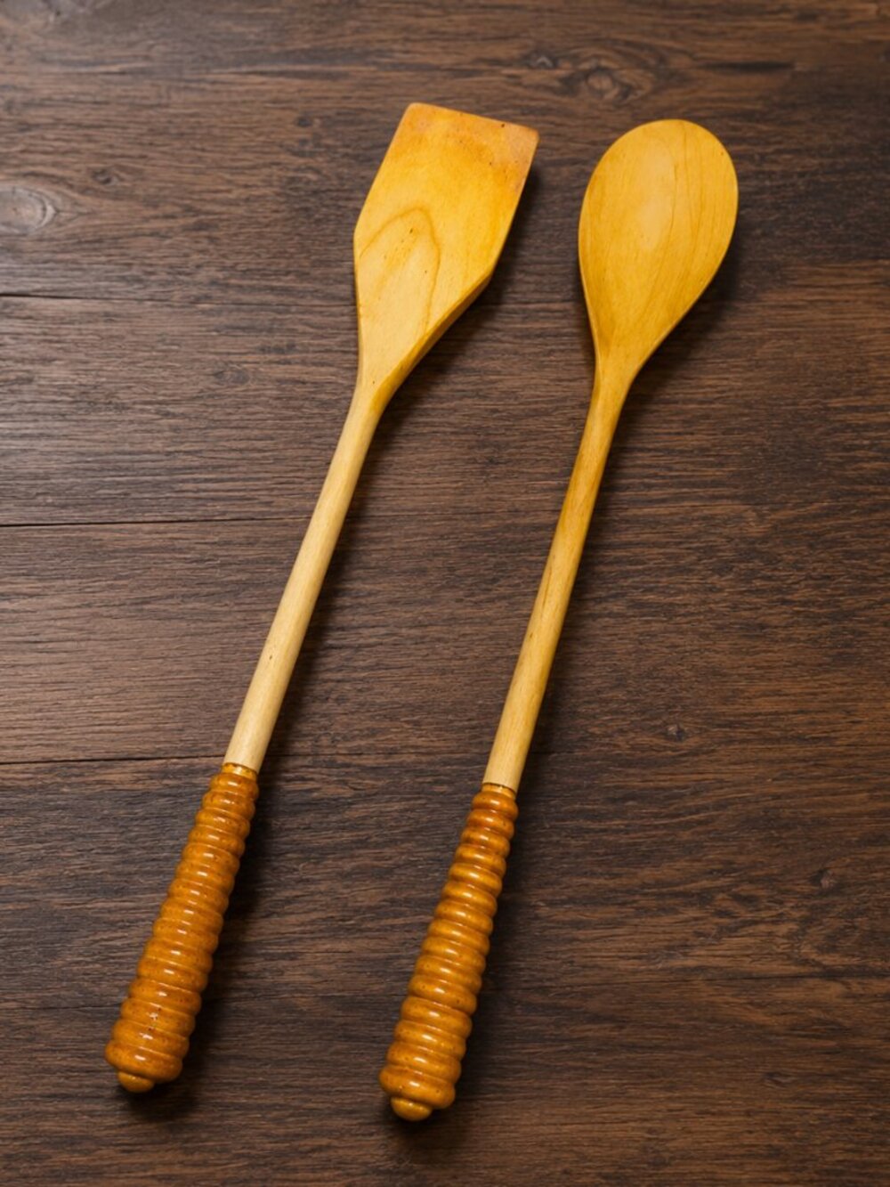 Vintage Wooden Spoon & Spatula Set Ribbed Handles Handcrafted Kitchen Utensils